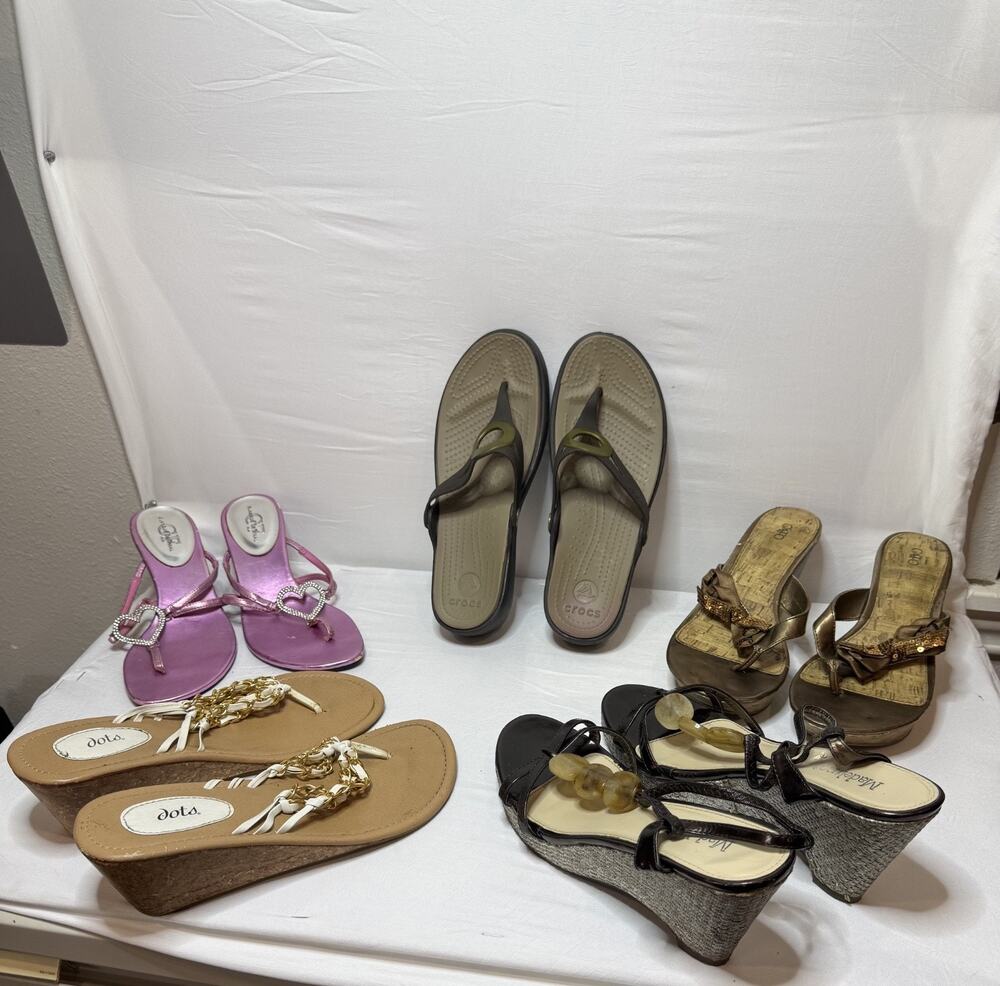 Lot of 5 Women's Sandals Size 8/9 Wedge Flip Flop Crocs Madeline Dots Pink Brown